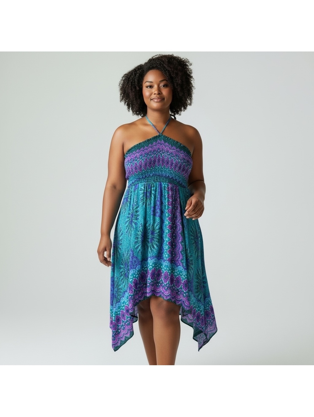 Joob Joob Boho Smocked Halter Handkerchief Hem Plus Size Teal Purple Mandala